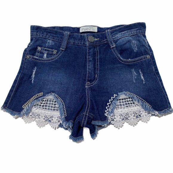Rue 21 Blue Denim Jean Lace High Waisted Shorts 0 - Picture 1 of 7